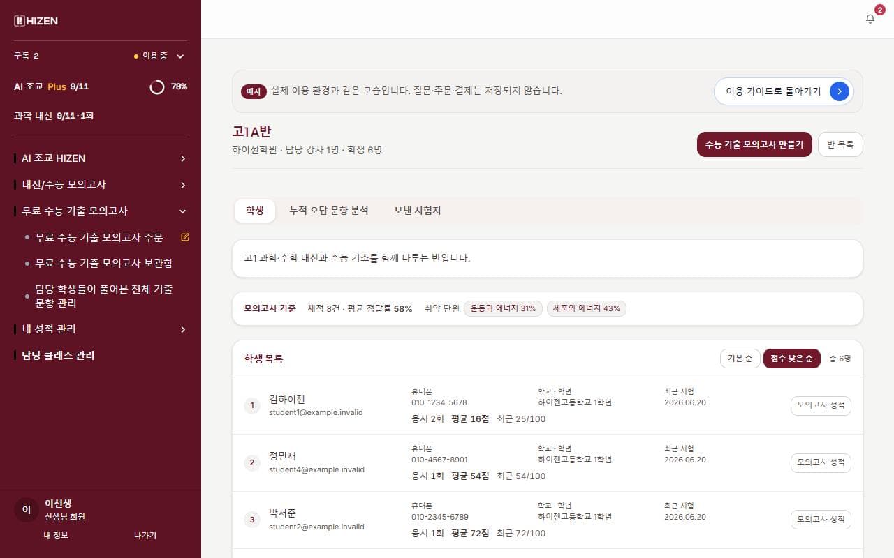 선생님 반 성적 예시 화면